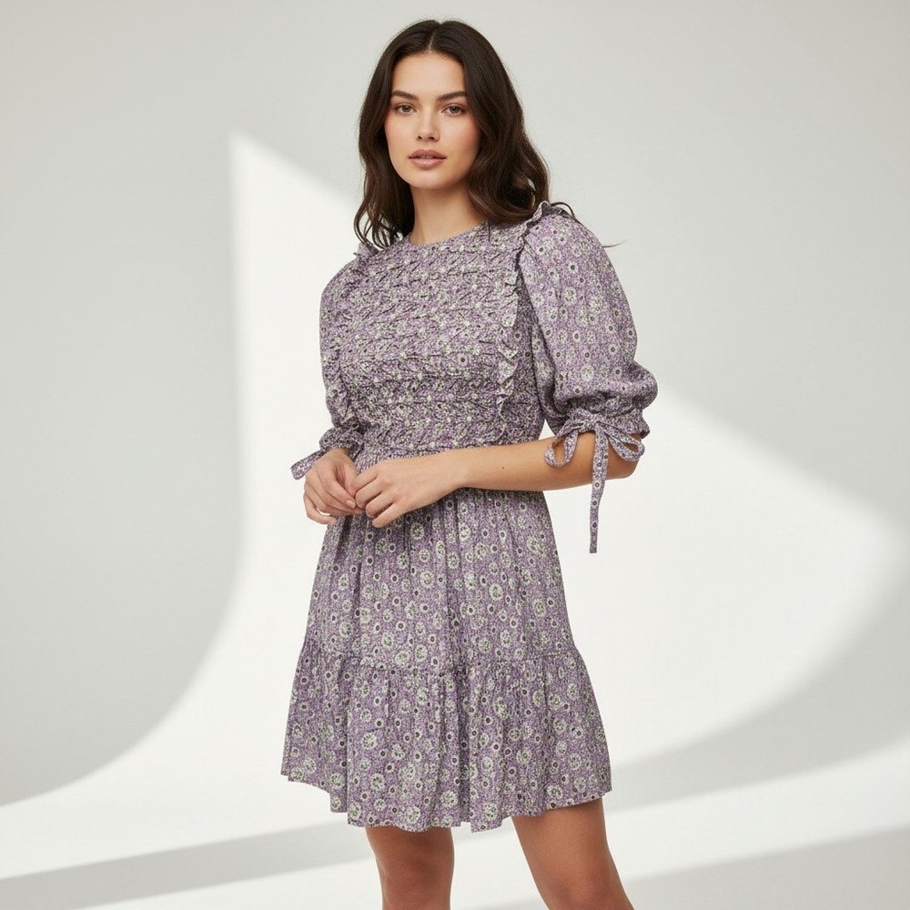 Sea New York Purple Floral Smocked Ruffle Puff Sleeve Mini Dress Size XS